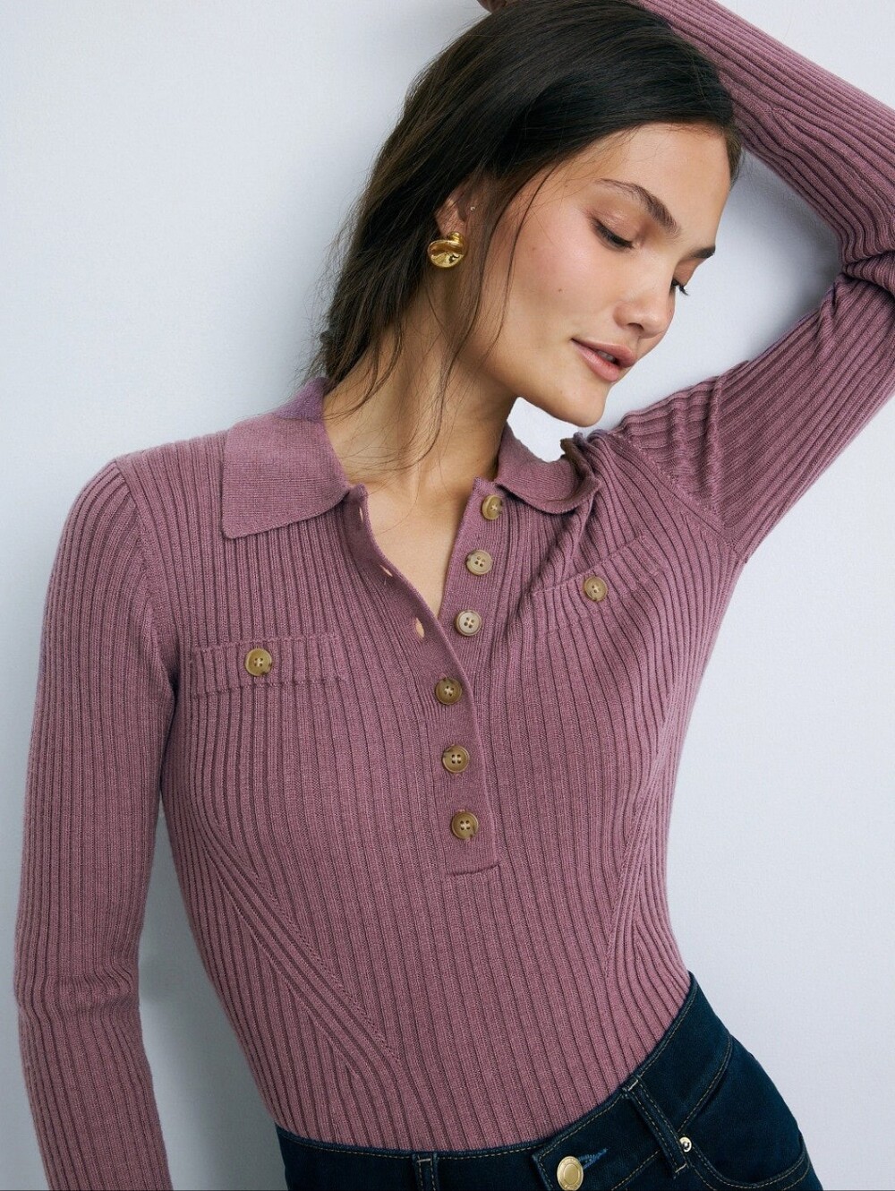 Peter Som Collared Rib Sweater Knits Collared Long Sleeve Size M